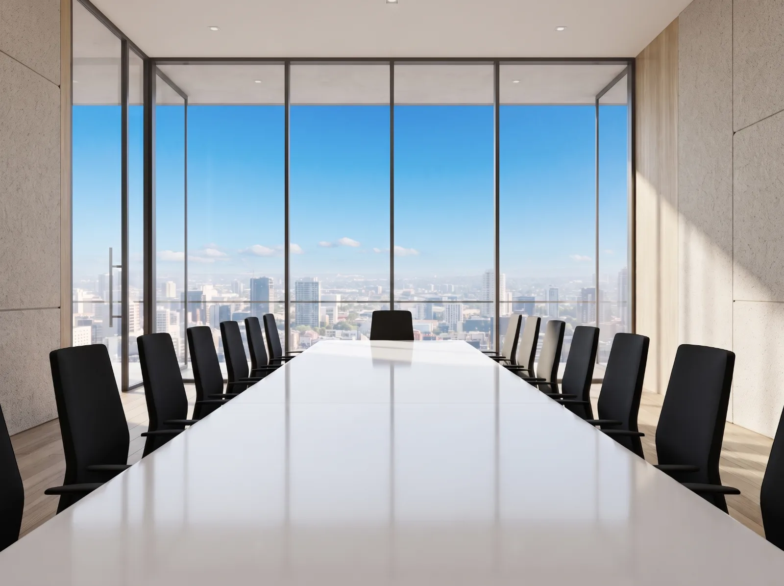 Boardroom with a long table and floor-to-ceiling city views